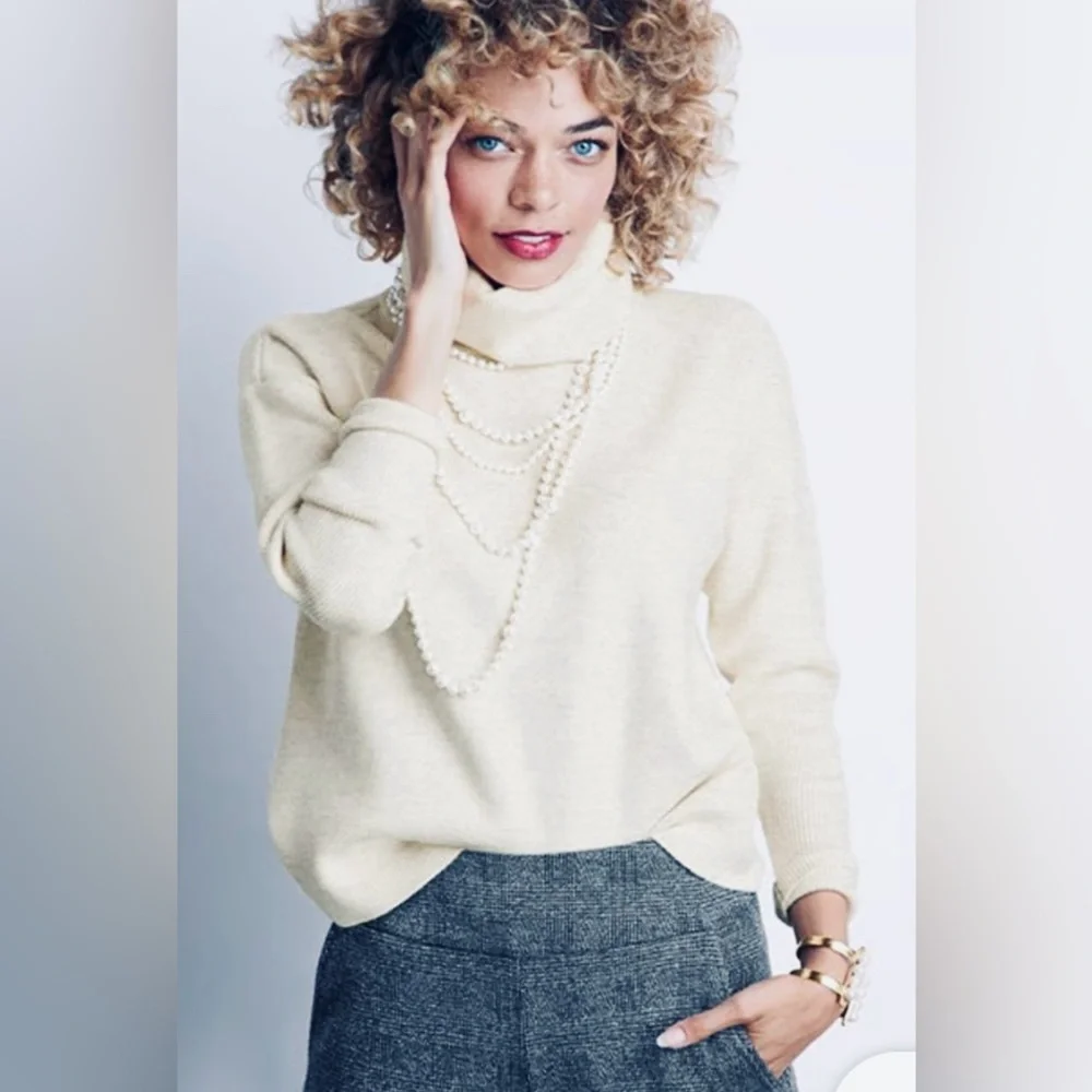 CAbi Lux Oatmeal Cowl Neck Cropped Length Tapered Sleeve Drop Shoulder Sweater - Picture 2 of 12